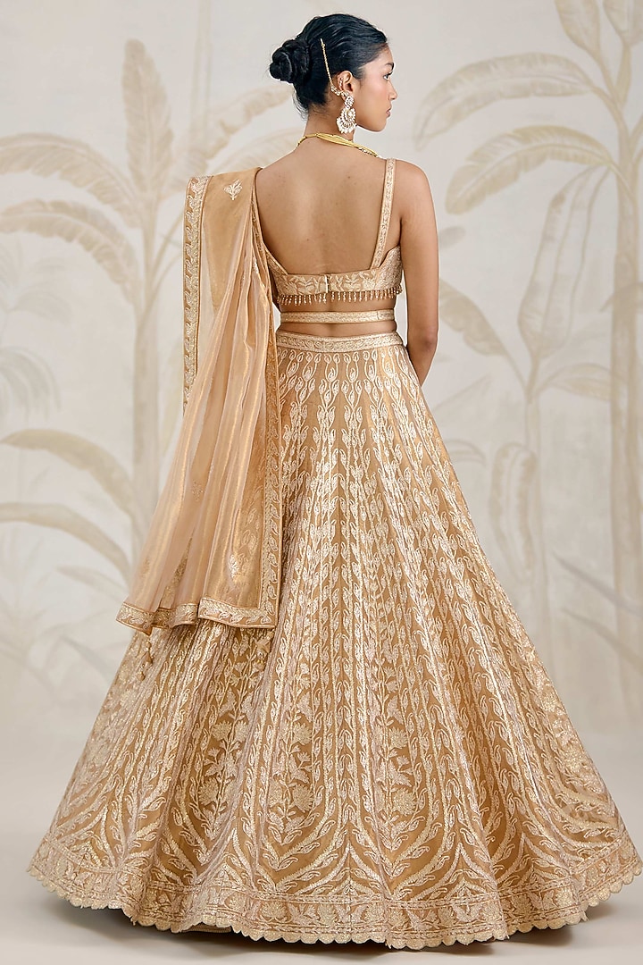 Gold Silk Tissue Organza Gota Embroidered Wedding Lehenga Set by Shyam Narayan Prasad at Pernia's Pop Up Shop