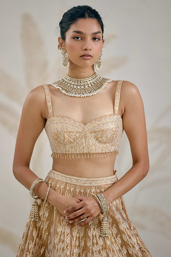 Gold Silk Tissue Organza Gota Embroidered Wedding Lehenga Set by Shyam Narayan Prasad at Pernia's Pop Up Shop