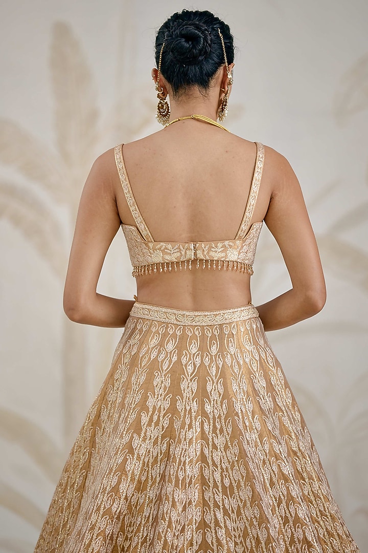 Gold Silk Tissue Organza Gota Embroidered Wedding Lehenga Set by Shyam Narayan Prasad at Pernia's Pop Up Shop