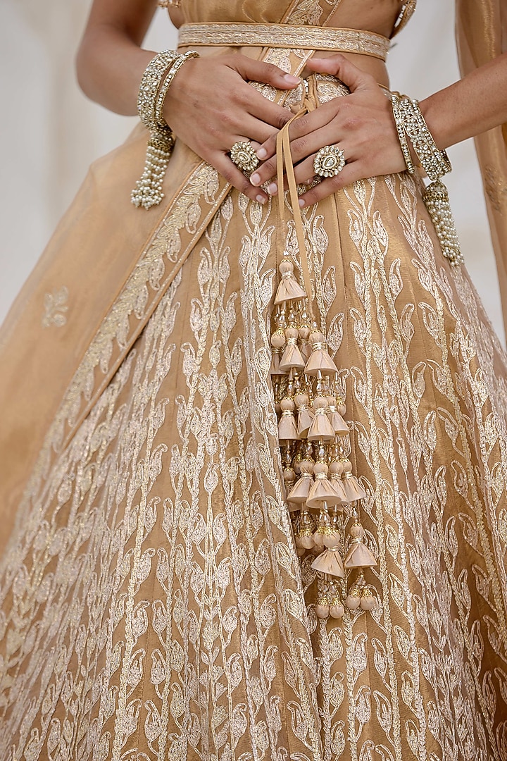 Gold Silk Tissue Organza Gota Embroidered Wedding Lehenga Set by Shyam Narayan Prasad at Pernia's Pop Up Shop