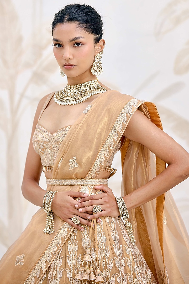 Gold Silk Tissue Organza Gota Embroidered Wedding Lehenga Set by Shyam Narayan Prasad at Pernia's Pop Up Shop