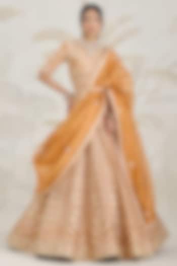 Burnt Orange Silk Tissue Organza Gota Embroidered Wedding Lehenga Set by Shyam Narayan Prasad at Pernia's Pop Up Shop