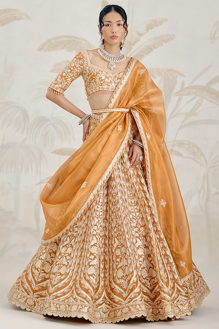Burnt Orange Silk Tissue Organza Gota Embroidered Wedding Lehenga Set by Shyam Narayan Prasad at Pernia's Pop Up Shop