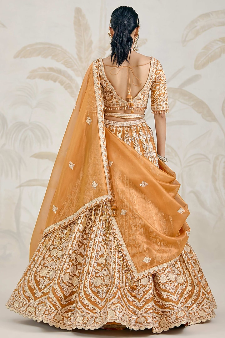 Burnt Orange Silk Tissue Organza Gota Embroidered Wedding Lehenga Set by Shyam Narayan Prasad at Pernia's Pop Up Shop