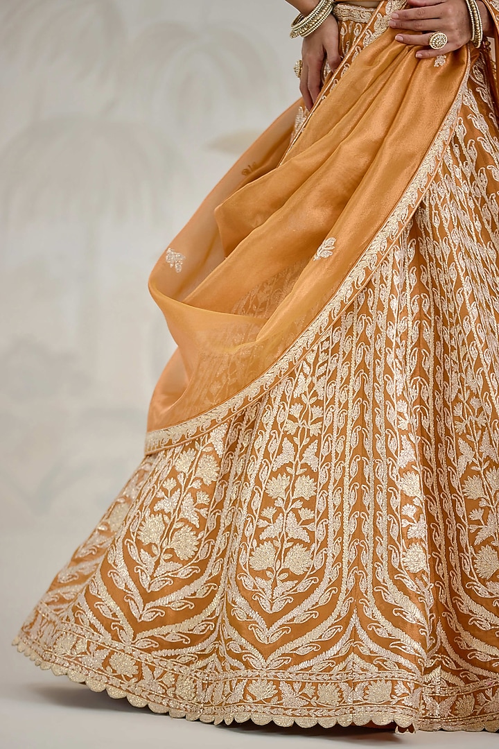 Burnt Orange Silk Tissue Organza Gota Embroidered Wedding Lehenga Set by Shyam Narayan Prasad at Pernia's Pop Up Shop