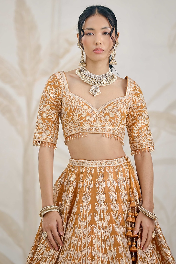 Burnt Orange Silk Tissue Organza Gota Embroidered Wedding Lehenga Set by Shyam Narayan Prasad at Pernia's Pop Up Shop