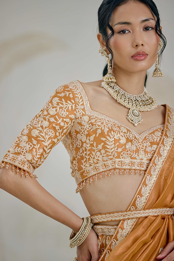 Burnt Orange Silk Tissue Organza Gota Embroidered Wedding Lehenga Set by Shyam Narayan Prasad at Pernia's Pop Up Shop