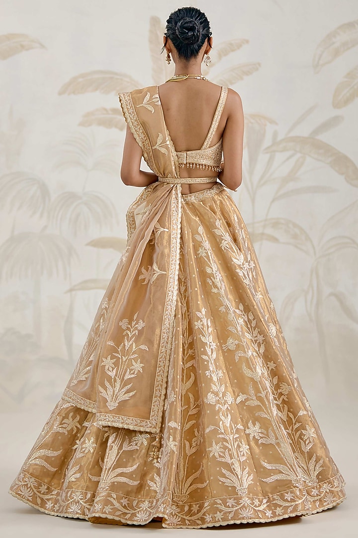 Gold Silk Tissue Organza Gota Embroidered Wedding Lehenga Set by Shyam Narayan Prasad at Pernia's Pop Up Shop