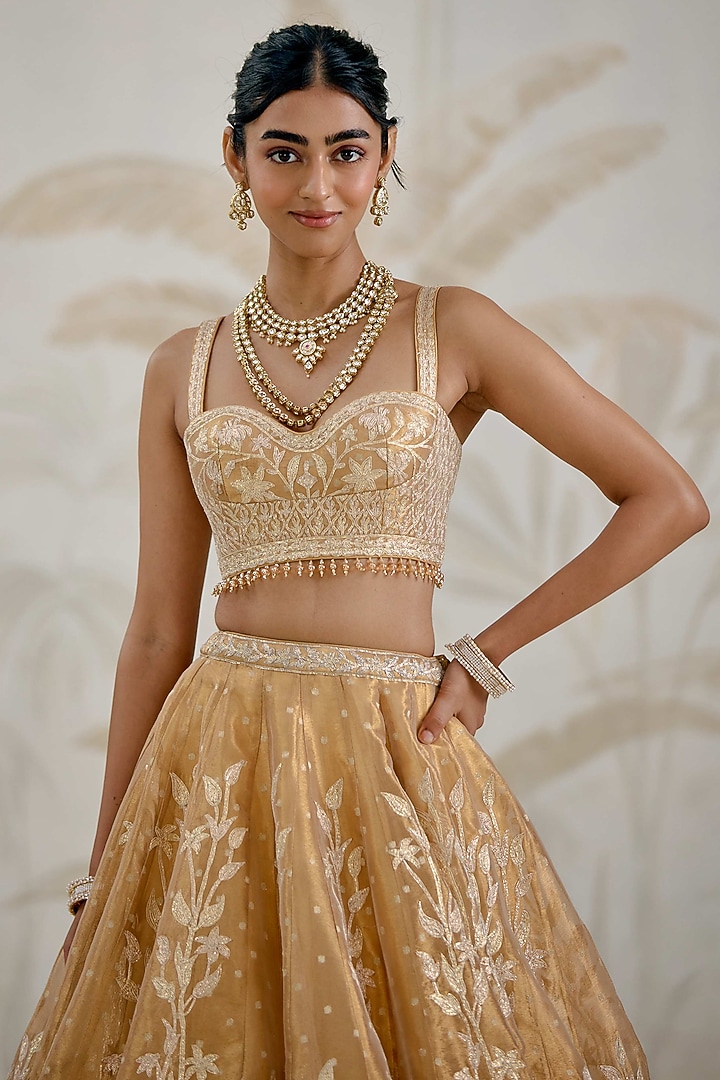 Gold Silk Tissue Organza Gota Embroidered Wedding Lehenga Set by Shyam Narayan Prasad at Pernia's Pop Up Shop