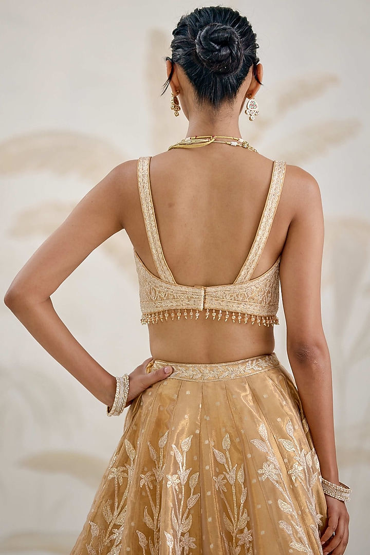Gold Silk Tissue Organza Gota Embroidered Wedding Lehenga Set by Shyam Narayan Prasad at Pernia's Pop Up Shop