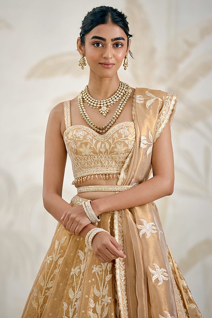 Gold Silk Tissue Organza Gota Embroidered Wedding Lehenga Set by Shyam Narayan Prasad at Pernia's Pop Up Shop