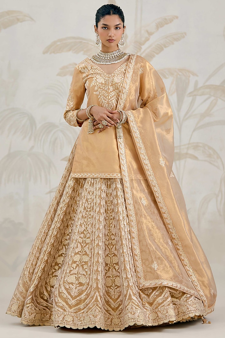 Gold Silk Tissue Organza Gota Embroidered Wedding Lehenga Set by Shyam Narayan Prasad at Pernia's Pop Up Shop