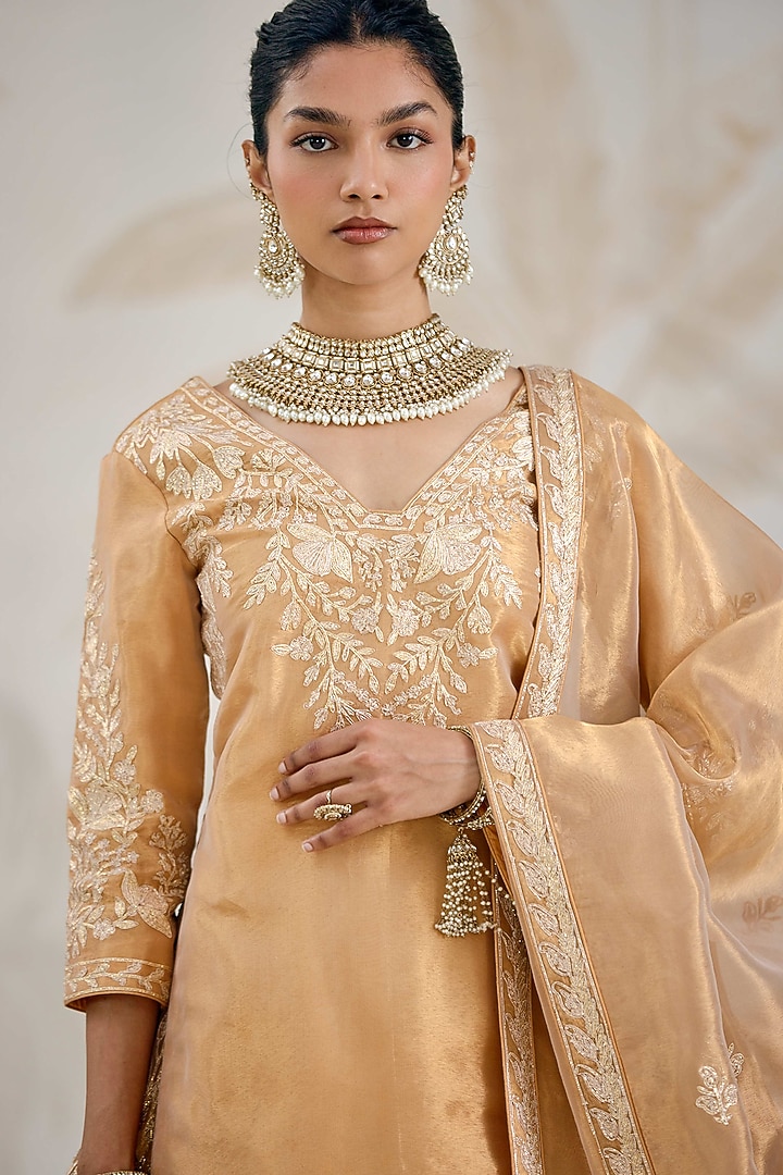 Gold Silk Tissue Organza Gota Embroidered Wedding Lehenga Set by Shyam Narayan Prasad at Pernia's Pop Up Shop