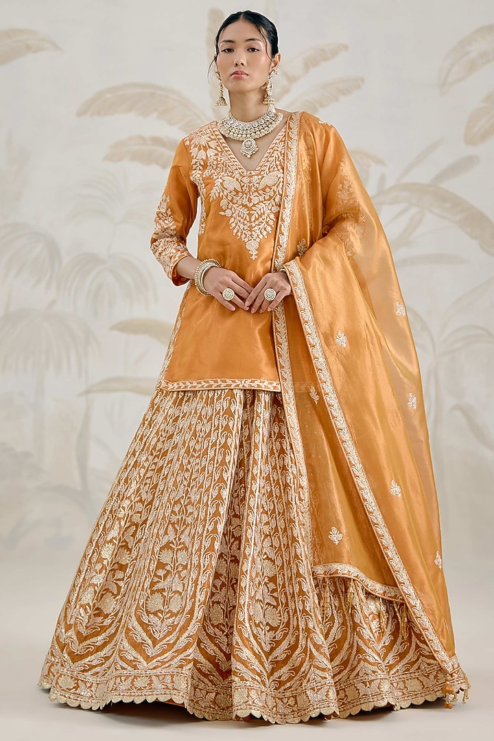 Burnt Orange Silk Tissue Organza Gota Embroidered Wedding Lehenga Set by Shyam Narayan Prasad at Pernia's Pop Up Shop