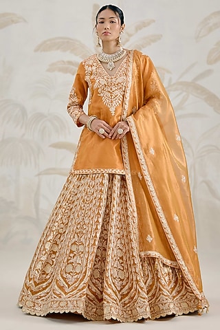 Burnt Orange Silk Tissue Organza Gota Embroidered Lehenga Set by Shyam Narayan Prasad