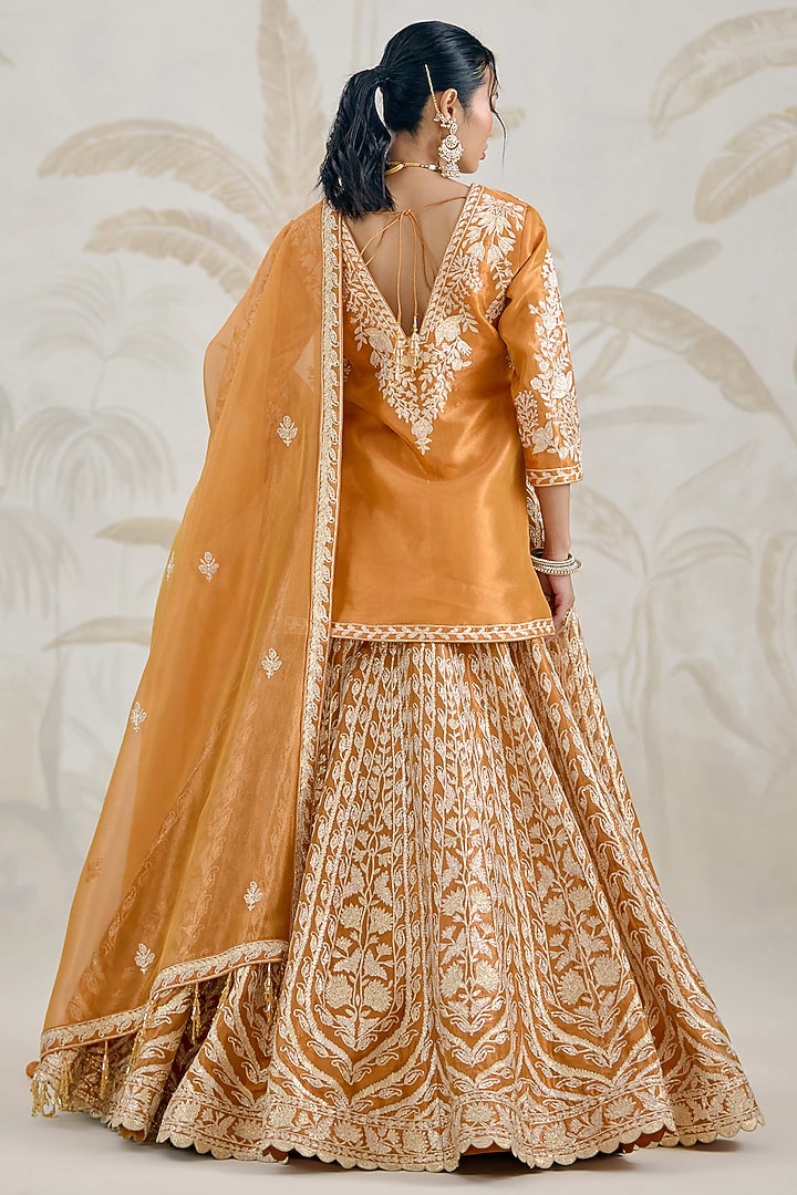 Burnt Orange Silk Tissue Organza Gota Embroidered Wedding Lehenga Set by Shyam Narayan Prasad at Pernia's Pop Up Shop