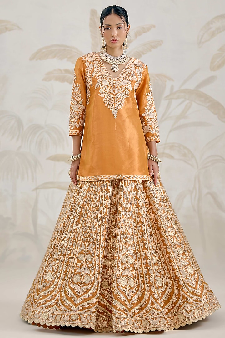 Burnt Orange Silk Tissue Organza Gota Embroidered Wedding Lehenga Set by Shyam Narayan Prasad at Pernia's Pop Up Shop