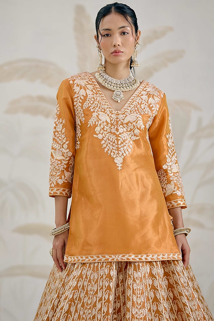 Burnt Orange Silk Tissue Organza Gota Embroidered Wedding Lehenga Set by Shyam Narayan Prasad at Pernia's Pop Up Shop