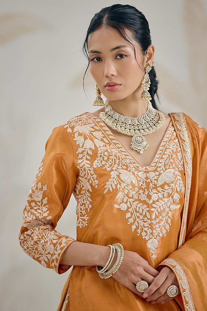 Burnt Orange Silk Tissue Organza Gota Embroidered Wedding Lehenga Set by Shyam Narayan Prasad at Pernia's Pop Up Shop