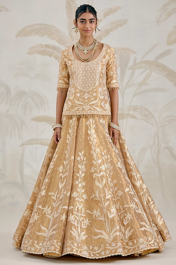 Gold Silk Tissue Organza Gota Embroidered Wedding Lehenga Set by Shyam Narayan Prasad at Pernia's Pop Up Shop