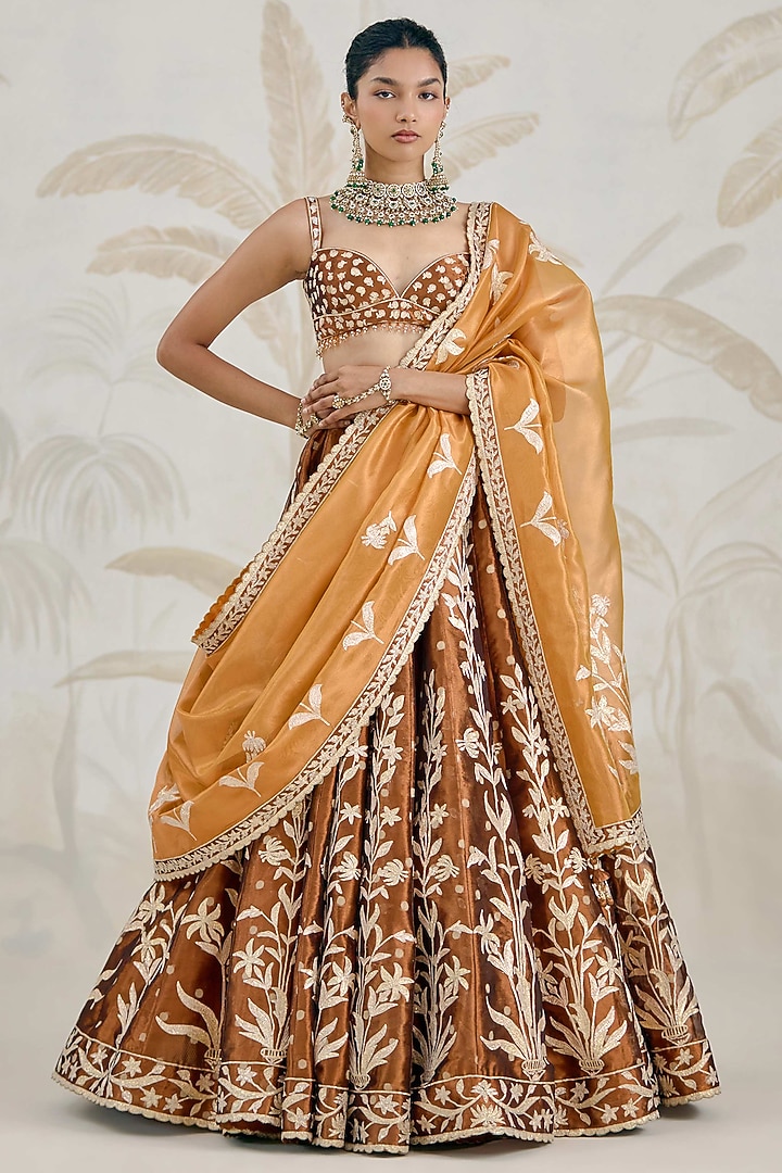 Coffee Brown Silk Tissue Organza Gota Embroidered Wedding Lehenga Set by Shyam Narayan Prasad at Pernia's Pop Up Shop