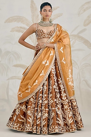Coffee Brown Silk Tissue Organza Gota Embroidered Lehenga Set by Shyam Narayan Prasad