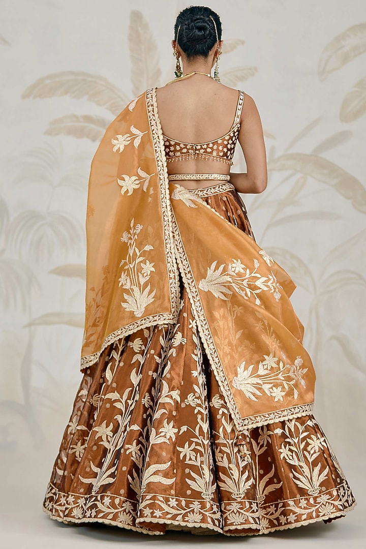 Coffee Brown Silk Tissue Organza Gota Embroidered Wedding Lehenga Set by Shyam Narayan Prasad at Pernia's Pop Up Shop