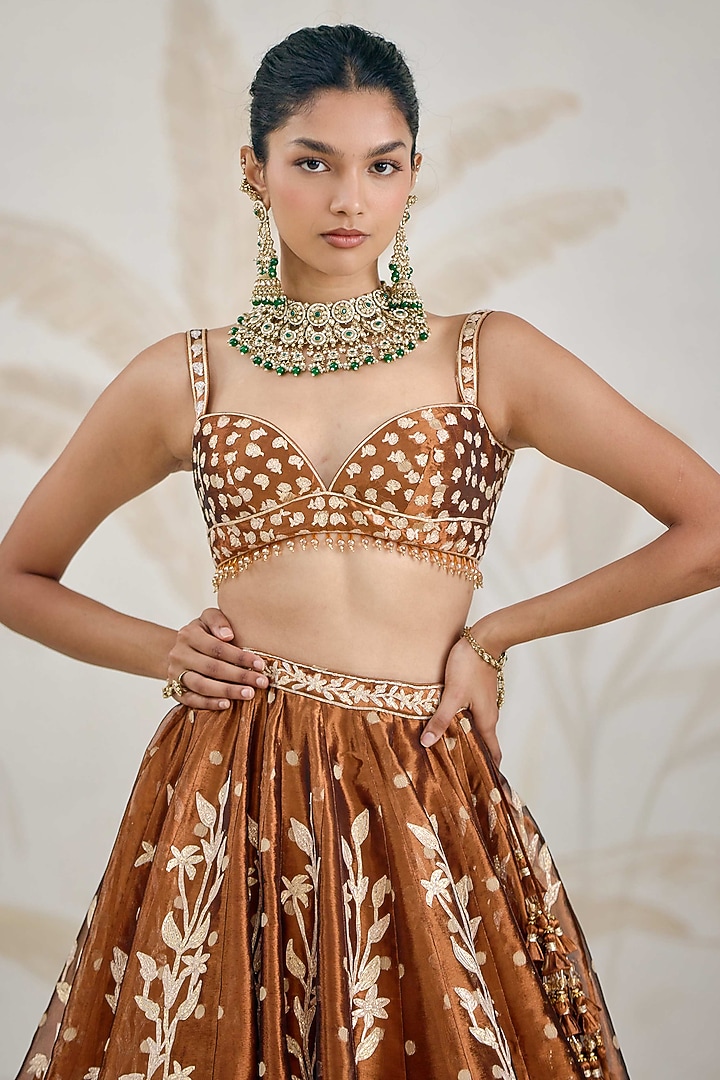 Coffee Brown Silk Tissue Organza Gota Embroidered Wedding Lehenga Set by Shyam Narayan Prasad at Pernia's Pop Up Shop