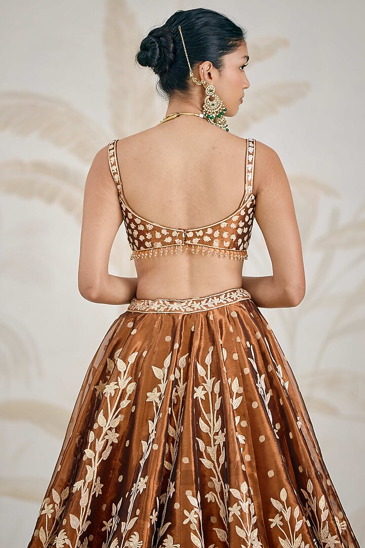 Coffee Brown Silk Tissue Organza Gota Embroidered Wedding Lehenga Set by Shyam Narayan Prasad at Pernia's Pop Up Shop