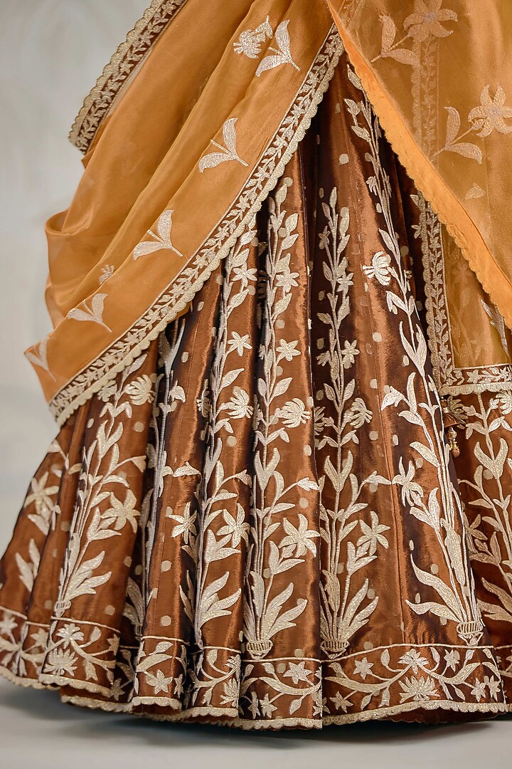 Coffee Brown Silk Tissue Organza Gota Embroidered Wedding Lehenga Set by Shyam Narayan Prasad at Pernia's Pop Up Shop