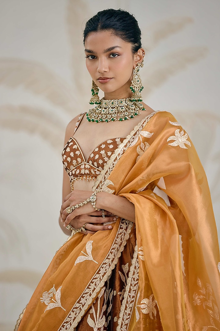 Coffee Brown Silk Tissue Organza Gota Embroidered Wedding Lehenga Set by Shyam Narayan Prasad at Pernia's Pop Up Shop