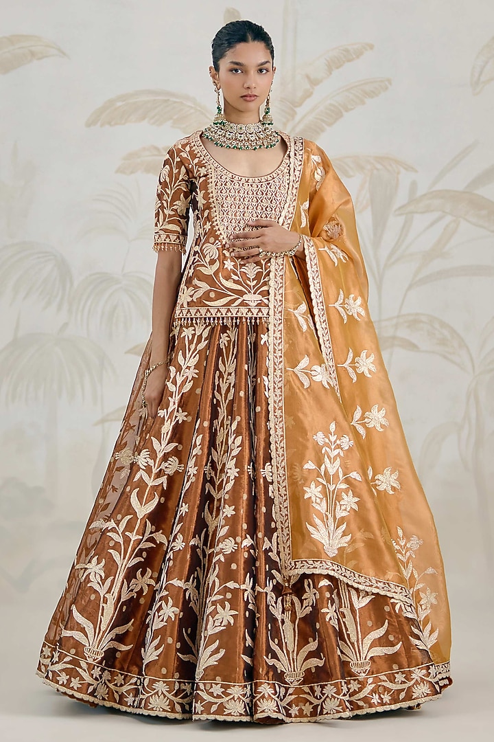 Coffee Brown Silk Tissue Organza Gota Embroidered Wedding Lehenga Set by Shyam Narayan Prasad at Pernia's Pop Up Shop