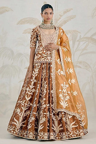 Coffee Brown Silk Tissue Organza Gota Embroidered Lehenga Set by Shyam Narayan Prasad