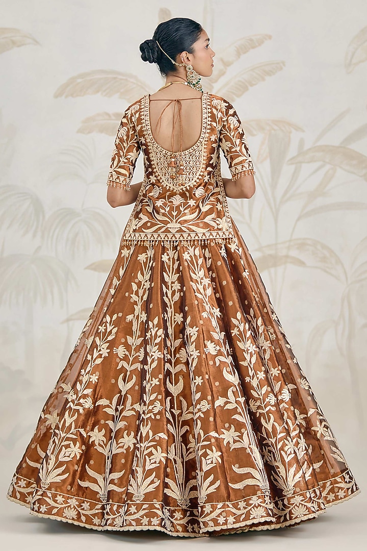 Coffee Brown Silk Tissue Organza Gota Embroidered Wedding Lehenga Set by Shyam Narayan Prasad at Pernia's Pop Up Shop