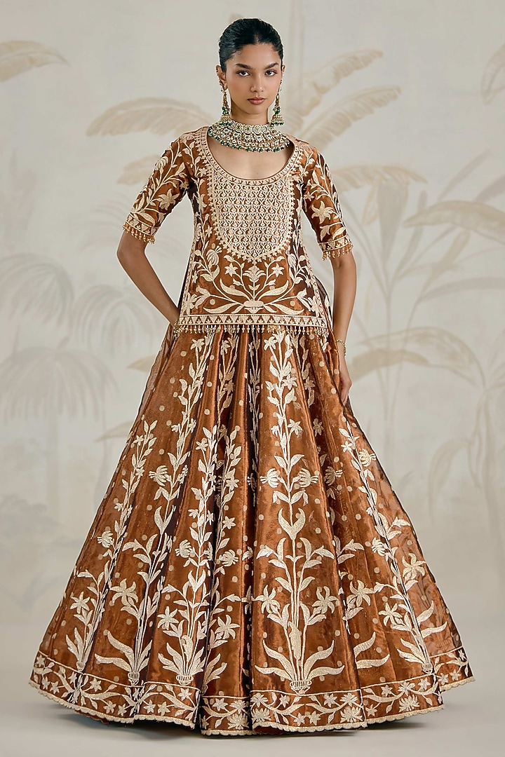 Coffee Brown Silk Tissue Organza Gota Embroidered Wedding Lehenga Set by Shyam Narayan Prasad at Pernia's Pop Up Shop