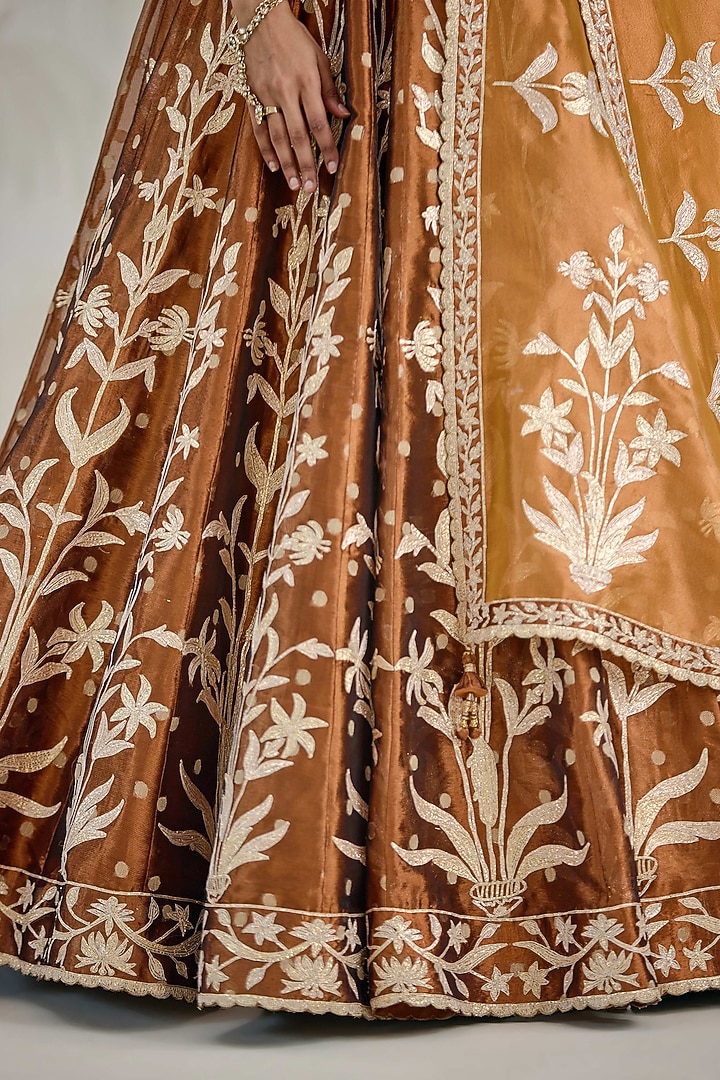 Coffee Brown Silk Tissue Organza Gota Embroidered Wedding Lehenga Set by Shyam Narayan Prasad at Pernia's Pop Up Shop