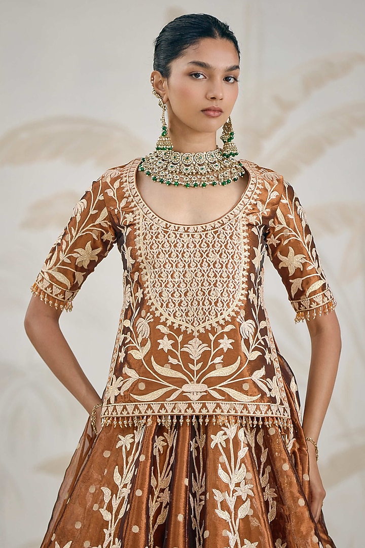 Coffee Brown Silk Tissue Organza Gota Embroidered Wedding Lehenga Set by Shyam Narayan Prasad at Pernia's Pop Up Shop