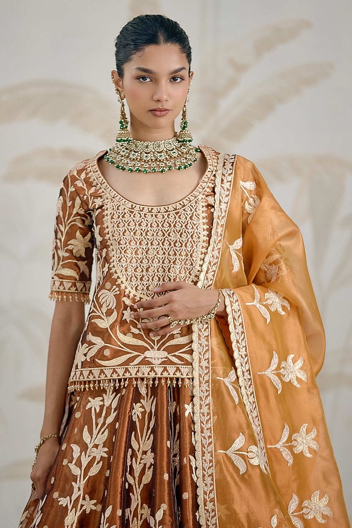 Coffee Brown Silk Tissue Organza Gota Embroidered Wedding Lehenga Set by Shyam Narayan Prasad at Pernia's Pop Up Shop
