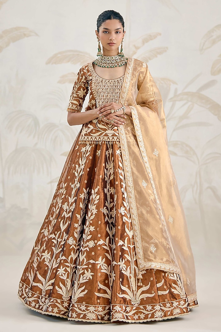 Coffee Brown Silk Tissue Organza Gota Embroidered Wedding Lehenga Set by Shyam Narayan Prasad at Pernia's Pop Up Shop
