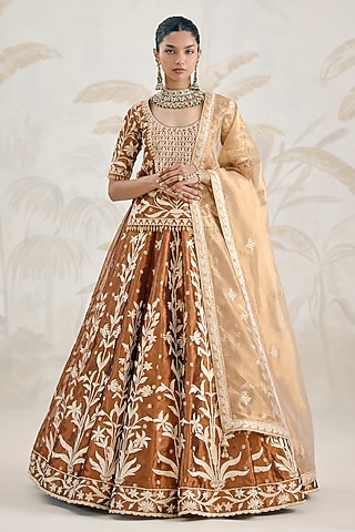 Coffee Brown Silk Tissue Organza Gota Embroidered Lehenga Set by Shyam Narayan Prasad
