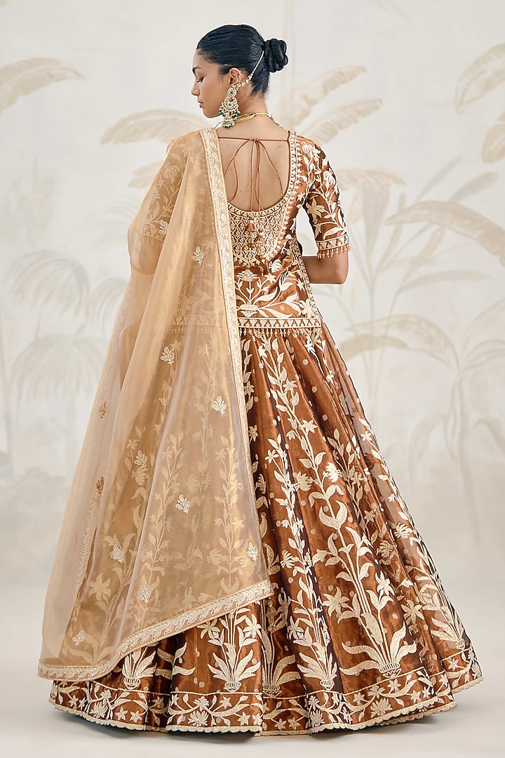 Coffee Brown Silk Tissue Organza Gota Embroidered Wedding Lehenga Set by Shyam Narayan Prasad at Pernia's Pop Up Shop