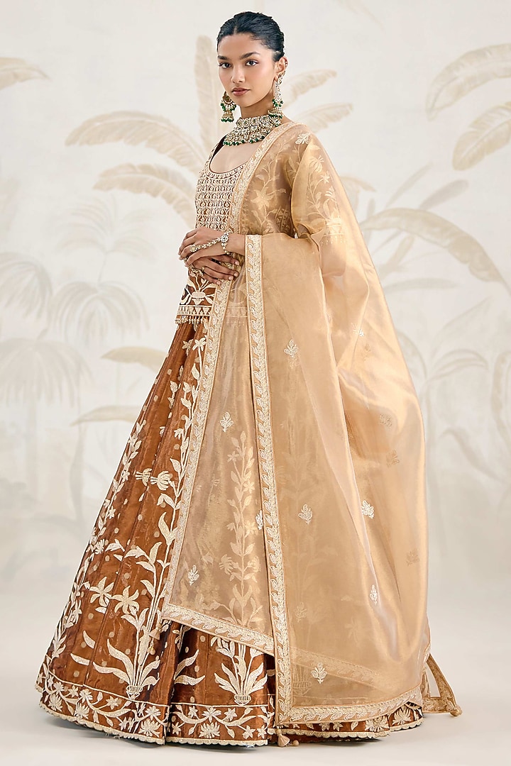 Coffee Brown Silk Tissue Organza Gota Embroidered Wedding Lehenga Set by Shyam Narayan Prasad at Pernia's Pop Up Shop
