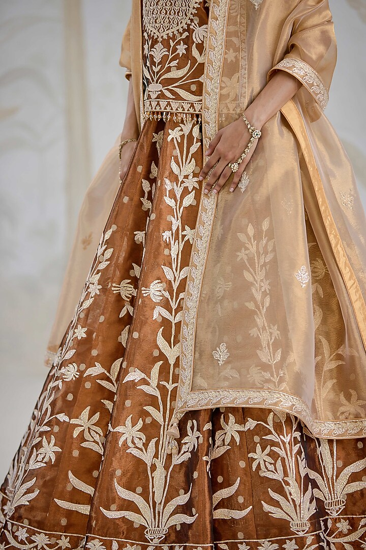 Coffee Brown Silk Tissue Organza Gota Embroidered Wedding Lehenga Set by Shyam Narayan Prasad at Pernia's Pop Up Shop