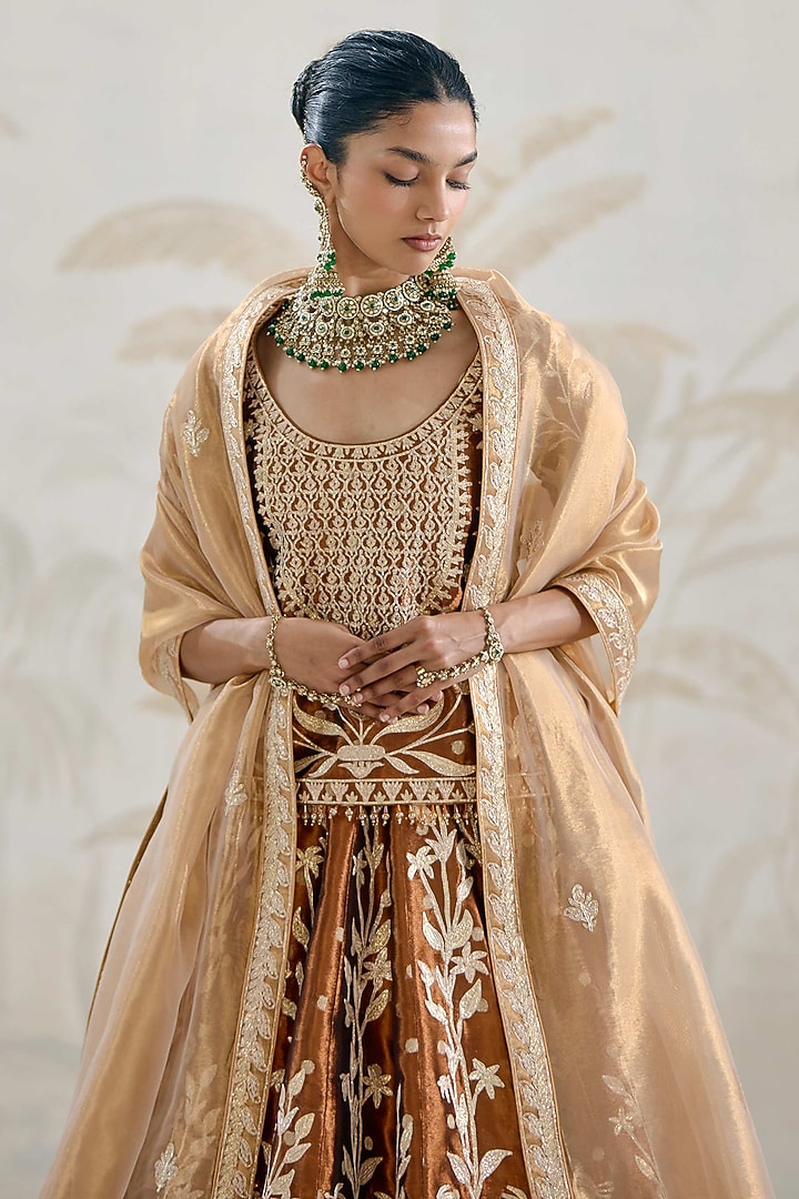 Coffee Brown Silk Tissue Organza Gota Embroidered Wedding Lehenga Set by Shyam Narayan Prasad at Pernia's Pop Up Shop