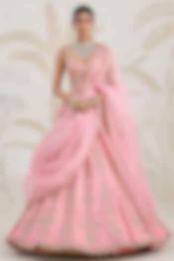 Rose Pink Raw Silk Zardosi Hand Embroidered Bridal Lehenga Set by Shyam Narayan Prasad at Pernia's Pop Up Shop