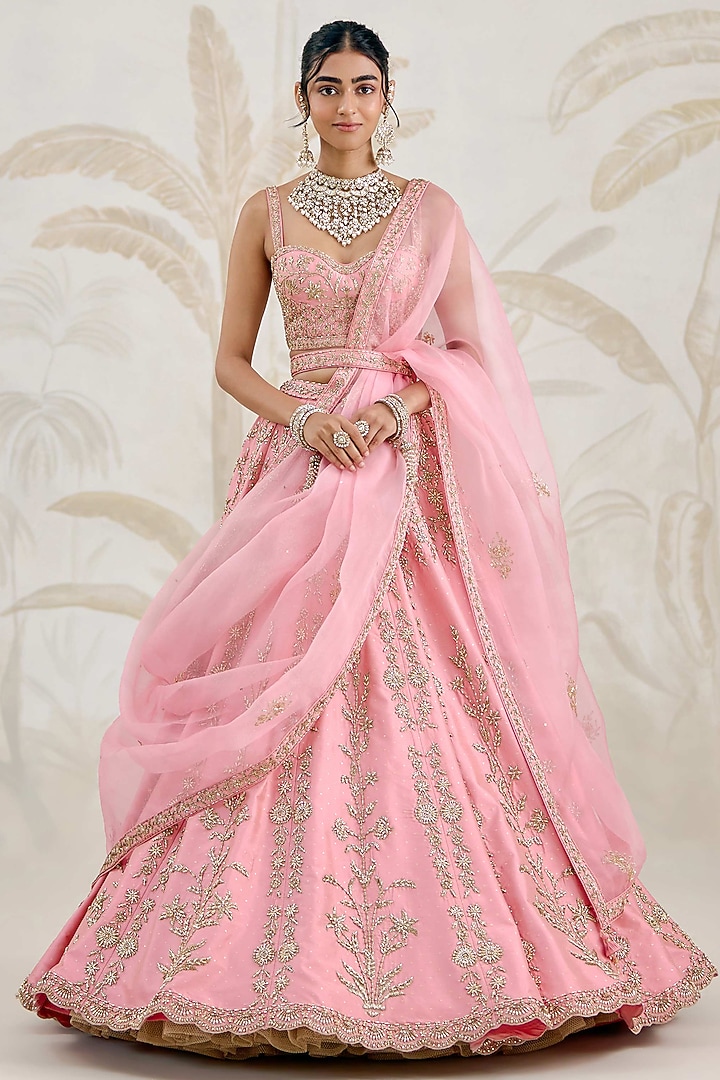 Rose Pink Raw Silk Zardosi Hand Embroidered Bridal Lehenga Set by Shyam Narayan Prasad at Pernia's Pop Up Shop