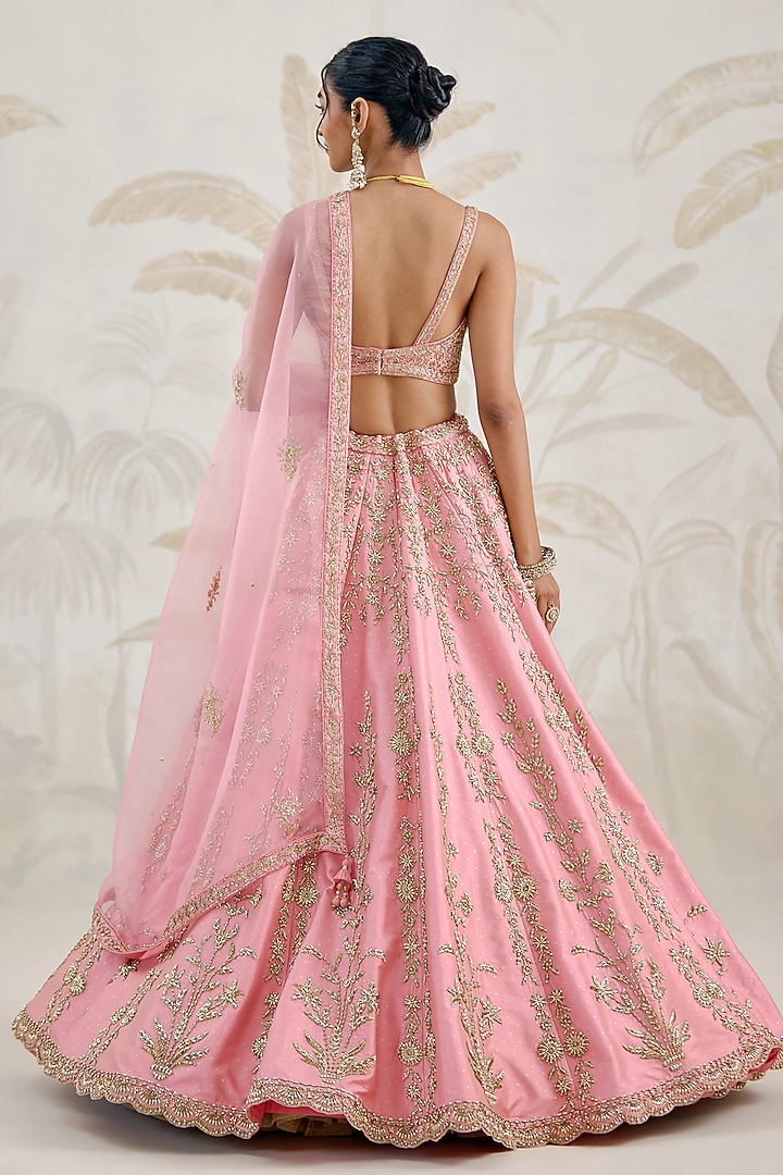 Rose Pink Raw Silk Zardosi Hand Embroidered Bridal Lehenga Set by Shyam Narayan Prasad at Pernia's Pop Up Shop
