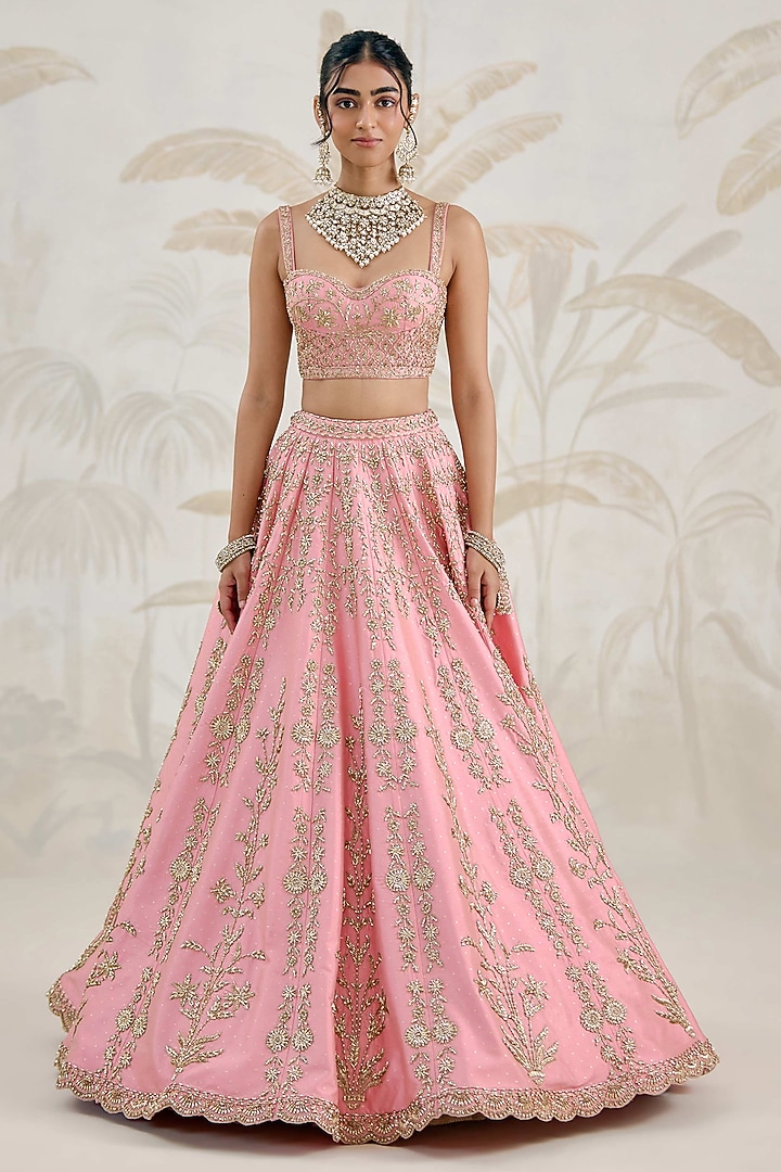 Rose Pink Raw Silk Zardosi Hand Embroidered Bridal Lehenga Set by Shyam Narayan Prasad at Pernia's Pop Up Shop