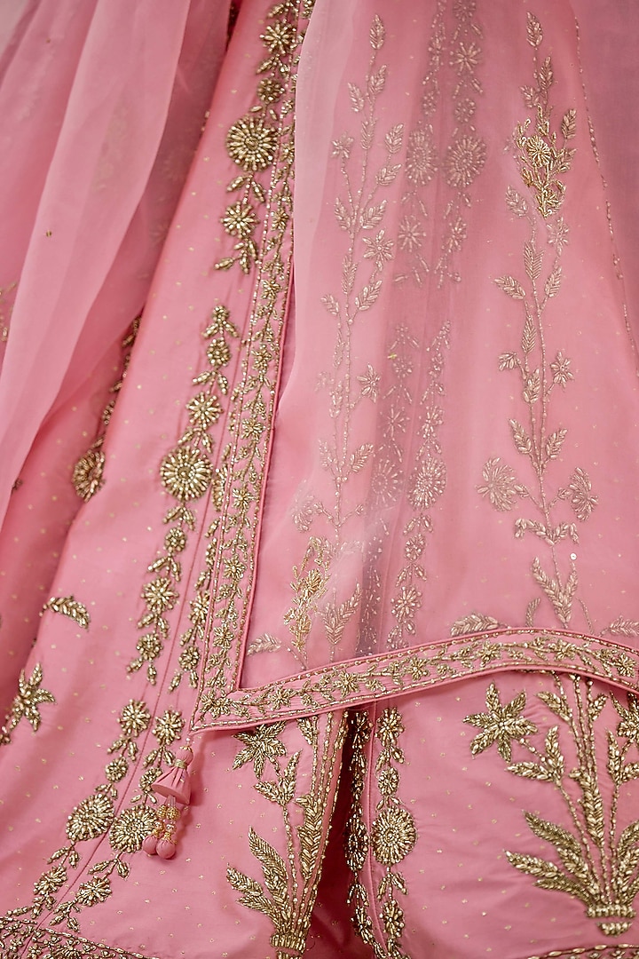 Rose Pink Raw Silk Zardosi Hand Embroidered Bridal Lehenga Set by Shyam Narayan Prasad at Pernia's Pop Up Shop
