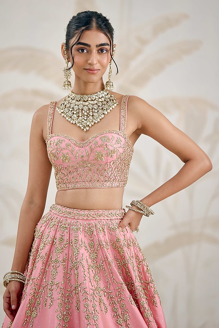 Rose Pink Raw Silk Zardosi Hand Embroidered Bridal Lehenga Set by Shyam Narayan Prasad at Pernia's Pop Up Shop